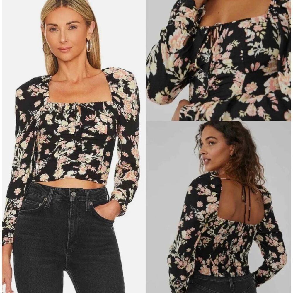 Free People Hilary Printed Top Black Combo Women's Size XS